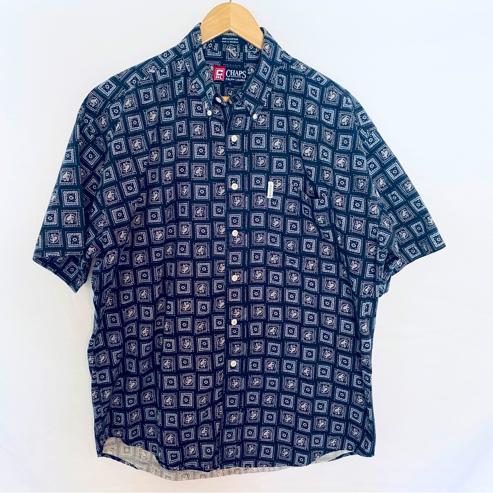Ralph Lauren Chaps Button Down Paisley Squares Shirt Navy Blue Large EUC